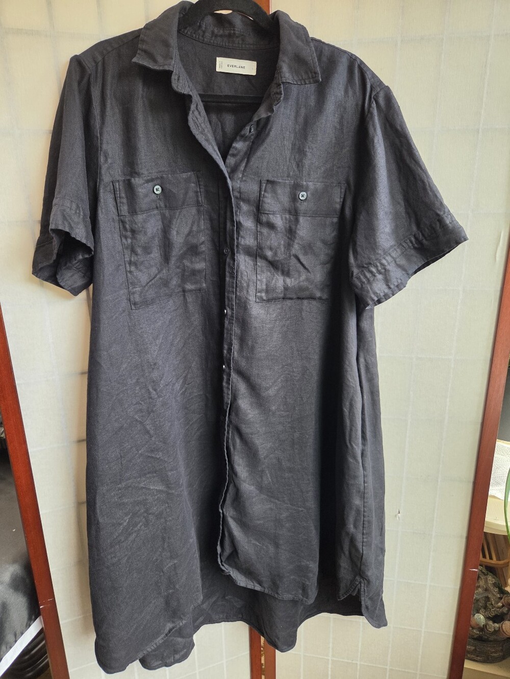 Everlane 100% Linen Short Sleeve Shirt Dress Black Minimalist Coastal Grandma L